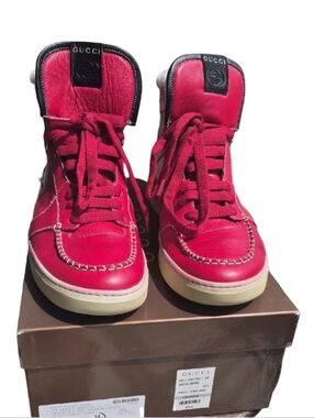 Gucci ©️ S.TTO PELLE S. GOMMA Red Leather High-Top Sneakers ,Euro10/10.5,Red